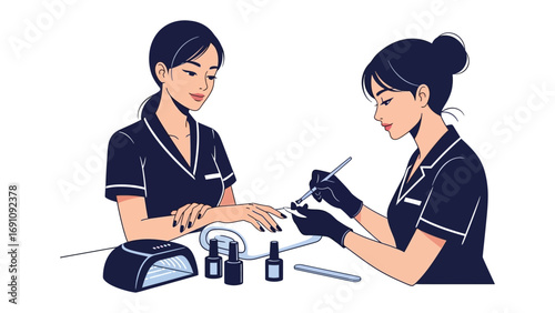 Two scenes depicting a busy hair salon and a makeup artist applying cosmetics to a client in a beauty studio setting