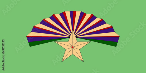 Illustration of a star with a red center under a fan of alternating colors on a light green background