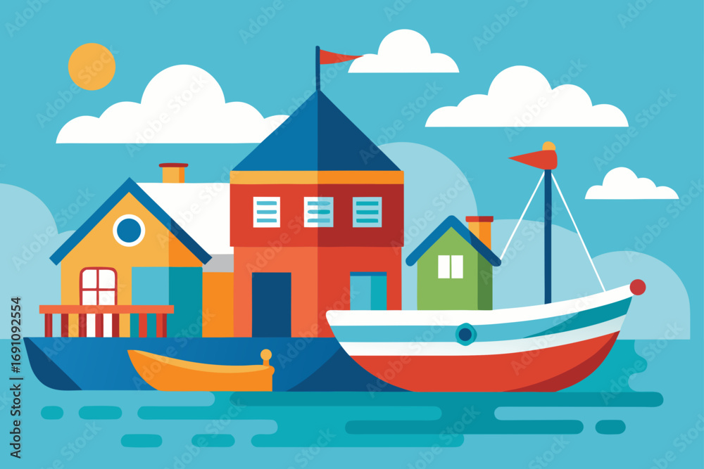 Obraz premium a charming coastal home with colorful fishing boat
