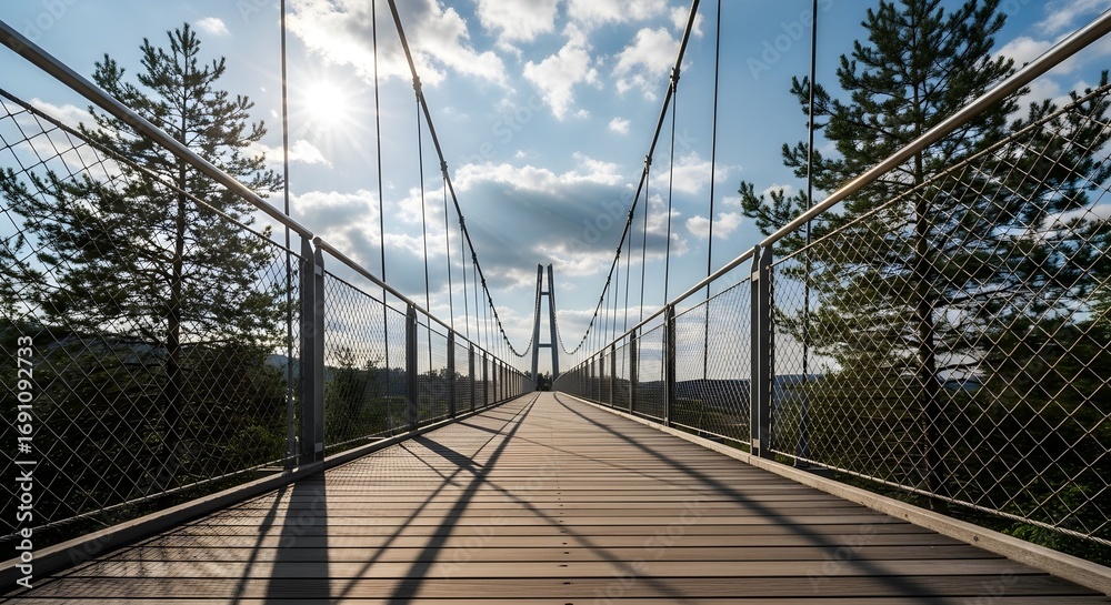 Obraz premium Image of super premium photo of a long wooden suspension bridge stretches into the distance under a bright, partly cloudy sky, inviting exploration and symbolizing a journey forward