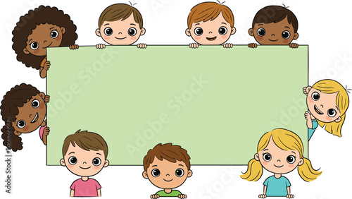 Cute cartoon kids holding blank sign, diverse children illustration, smiling boys and girls, empty board, educational design, colorful, playful art