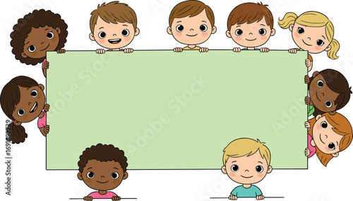 Cute cartoon kids holding blank sign, diverse children illustration, smiling boys and girls, empty board, educational design, colorful, playful art