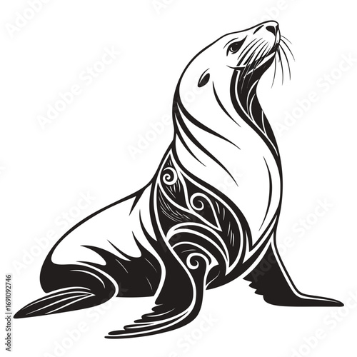 Stylized black and white seal with tribal tattoo designs