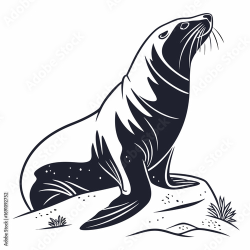 Stylized illustration of a dark sea lion sitting on a rock