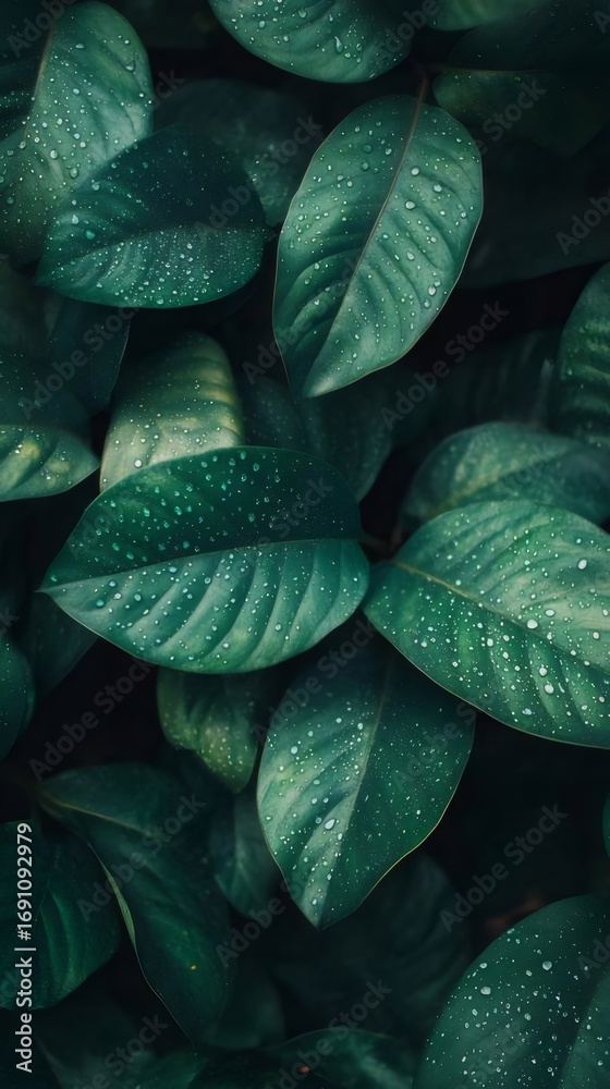 Fototapeta premium 緑の葉 水滴が付いた葉 静かな背景 活力のある植物の質感 静かな自然の美しさを表現
