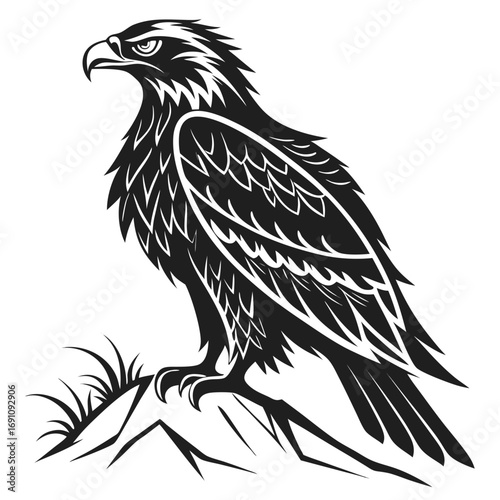 Stylized black and white eagle perched on a rock with grass