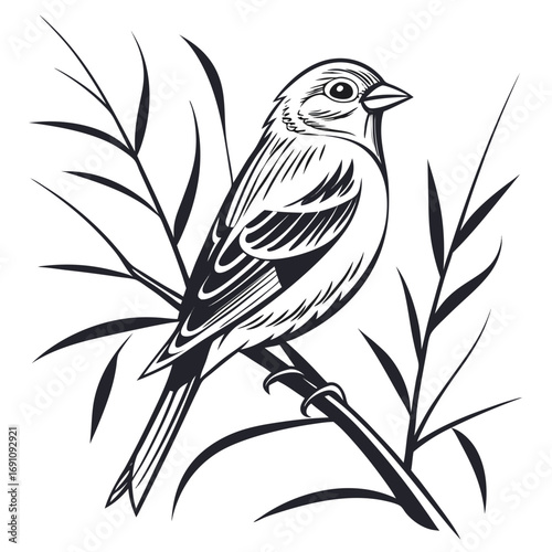 Stylized black and white illustration of a bird perched on a branch with leaves