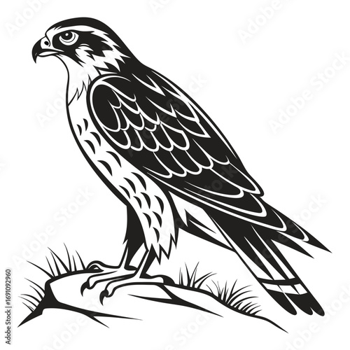 Stylized black and white falcon perched on a rock with grass