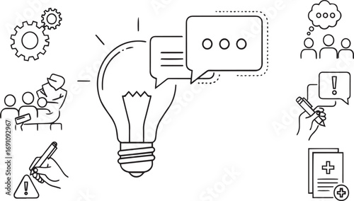 Creative teamwork and idea generation line icons, lightbulb, communication, collaboration, planning, innovation, discussion, problem-solving, leadership