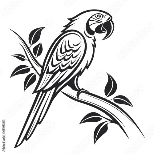 Stylized black and white illustration of a parrot perched on a branch