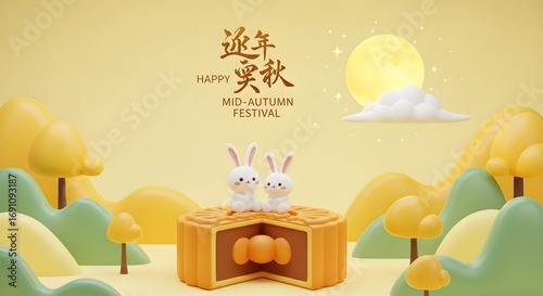 Image of super premium photo of a festive midautumn festival scene with two cute rabbits sitting on a mooncake, under a bright full moon and stylized landscape