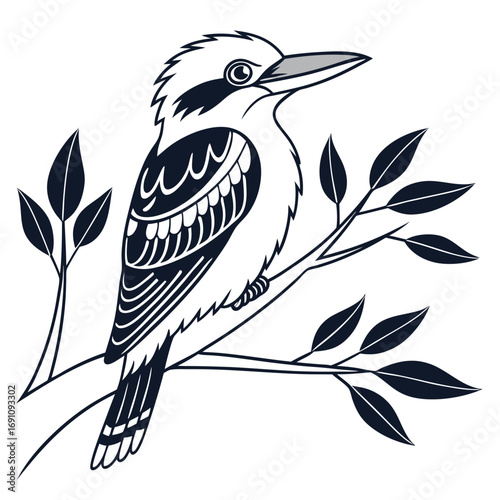 Stylized illustration of a kookaburra bird perched on a branch with leaves