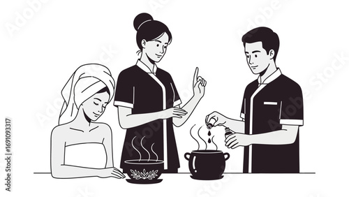 Three smiling women in towels enjoying a relaxing sauna session with steam and aromatic herbs for wellness and self care
