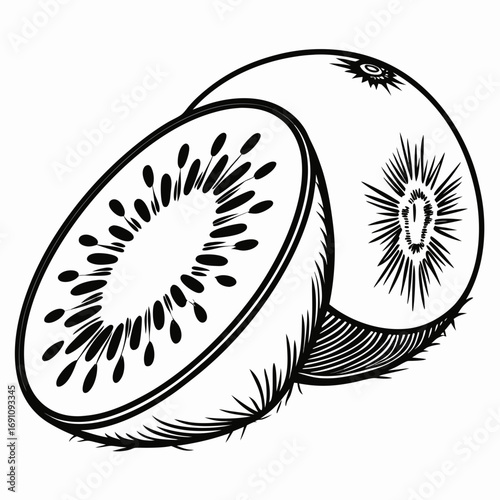 Black and white illustration of a whole kiwi fruit and a sliced kiwi fruit