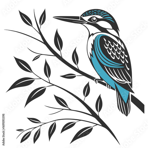 Stylized kingfisher bird perched on a branch with leaves