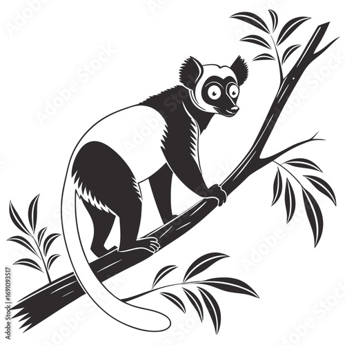 Stylized black and white illustration of a lemur perched on a tree branch