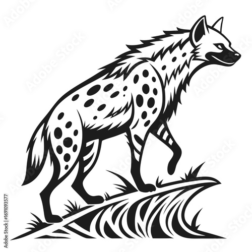 Stylized black and white hyena illustration standing on grass