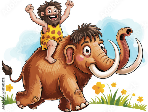 Happy cartoon caveman riding woolly mammoth, prehistoric character illustration, stone age animal, funny kids design, cute ancient adventure concept