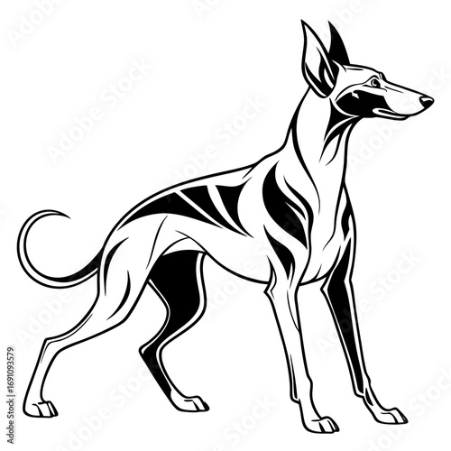 Stylized black and white illustration of a sleek dog with tribal markings