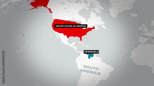 Venezuela and USA Political Map with Borders Geography Animation 