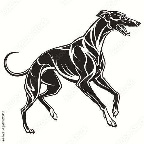 Stylized black silhouette of a running greyhound with tribal patterns