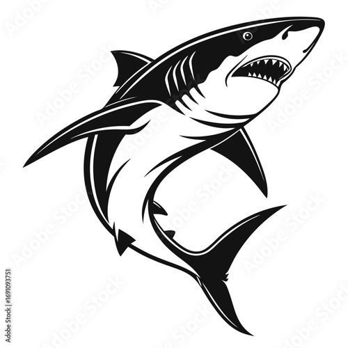 Aggressive shark illustration in black and white with sharp teeth