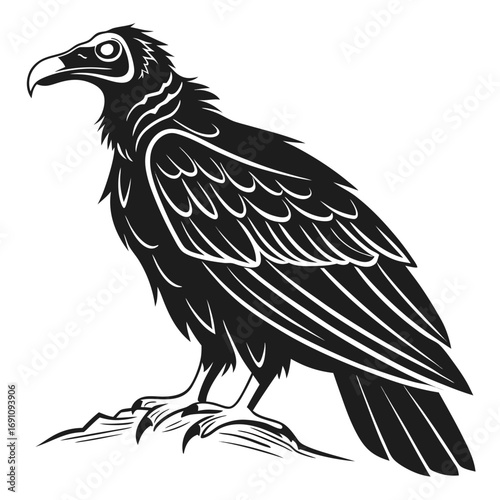 Stylized black silhouette of a vulture perched on a rock