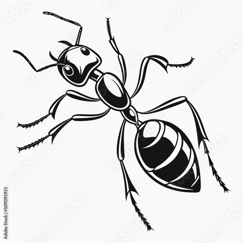 Stylized black and white illustration of an ant on a white background