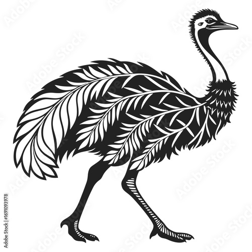 Stylized black and white illustration of an emu with feather details