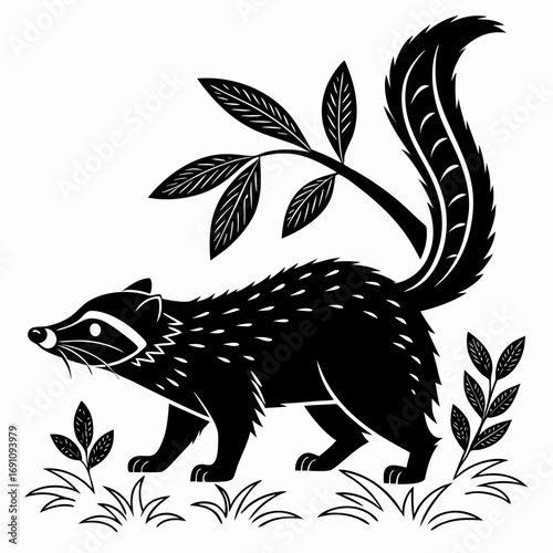 Stylized black silhouette of a skunk with leaves and grass