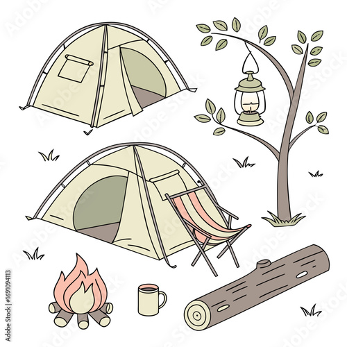 Camping scene with tents campfire lantern chair and log depicting outdoor adventure and relaxation in a stylized illustration