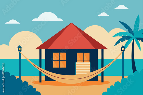 a cozy bungalow with a hammock on the porch  overl