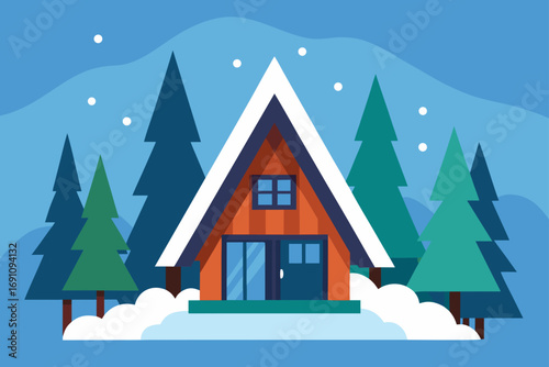 a cozy a frame cabin in a deep pine forest after a
