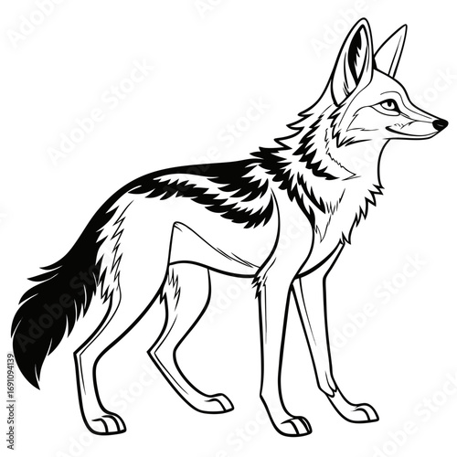 Stylized black and white line art illustration of a jackal