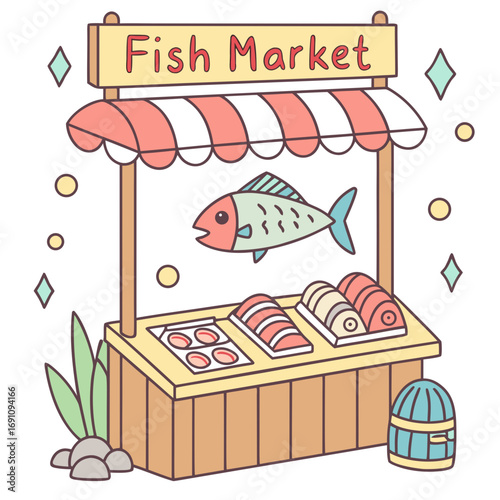 Adorable fish market stall illustration with fresh seafood and cute design elements perfect for children's books and educational materials