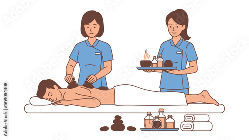 Two young women in a beauty salon receiving professional nail care services with a manicurist applying polish to a client s fingernails