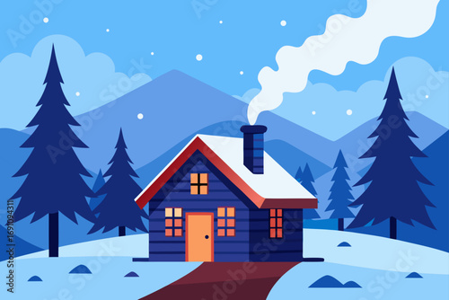 a cozy log cabin with a smoking chimney  nestled i