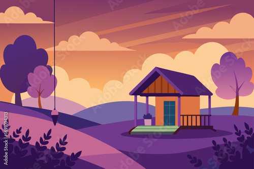 a cozy cottage with a porch swing  overlooking a f
