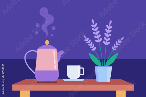 a cozy scene with a vase of fragrant lavender on a