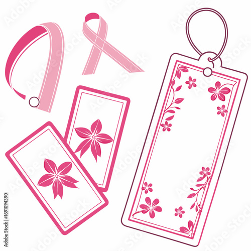 Pink breast cancer awareness ribbon and floral gift tags for supporting cancer research and showing love to survivors and fighters