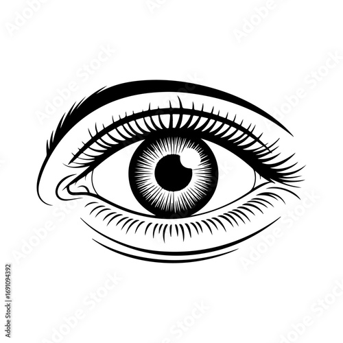 Detailed black and white drawing of a human eye with eyelashes and iris showing the pupil vector