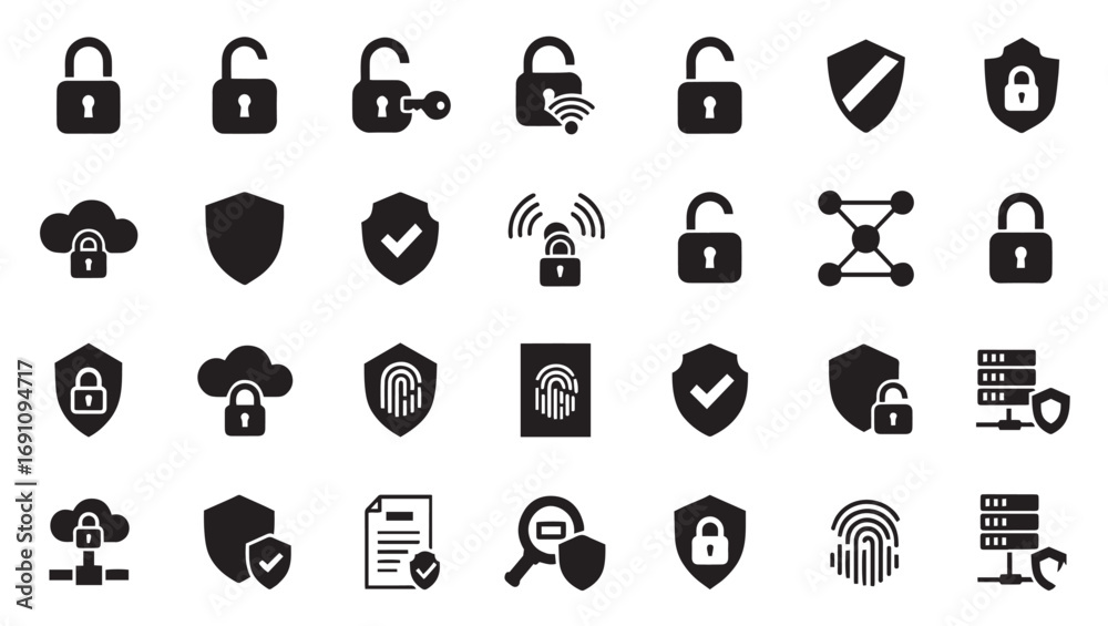 Fototapeta premium Security and privacy icons, lock, shield, cloud protection, network security, data privacy, authentication, password, fingerprint, cybersecurity