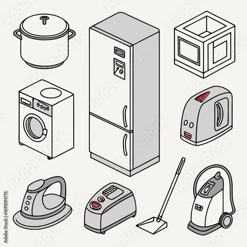 Isometric kitchen appliances vector illustration featuring fridge washing machine and other household items