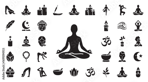 Meditation and yoga icons, mindfulness, spirituality, wellness, relaxation, chakras, balance, peace, health, Zen, nature, lotus, calm