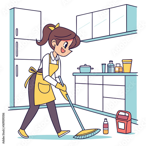Joyful cleaner enthusiastically mopping a bright, modern kitchen floor with a smile and yellow apron