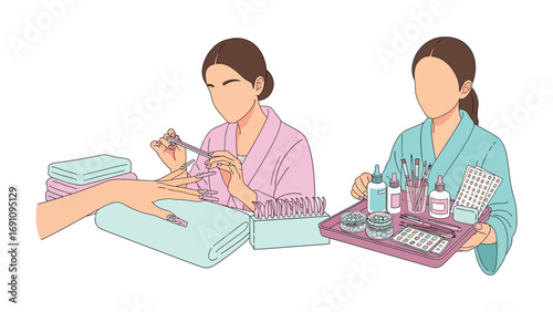 Four diverse women enjoying a relaxing spa day at home wearing robes and face masks practicing self care and wellness activities with beauty products