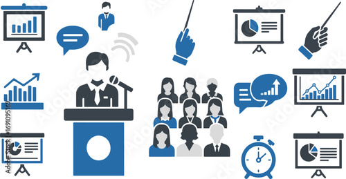 Business presentation and public speaking icons, audience, communication, leadership, charts, teamwork, training, success, coaching, time management