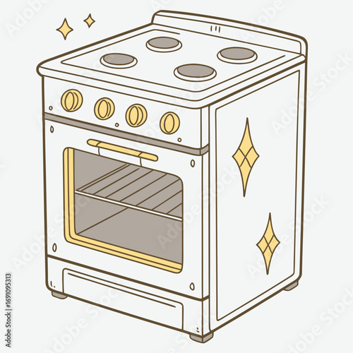 Whimsical vintage oven with sparkling accents, perfect for kitchen decor and recipe themes.
