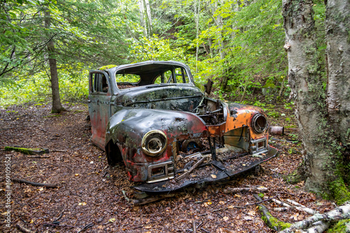 An abandoned car lies crumbling in the ghost town of Jackfish near Terrace Bay, Ontario, overtaken by nature.
