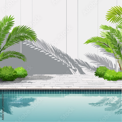 serene poolside scene with tropical plants casting shadows on a concrete wall